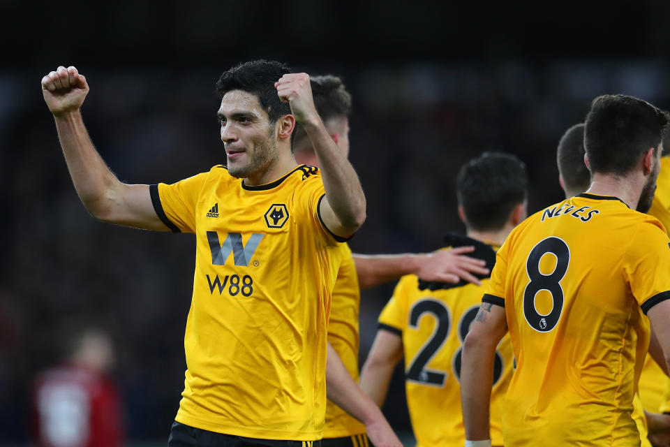 Raul Jimenez celebrates after scoring the opening goal for Wolves