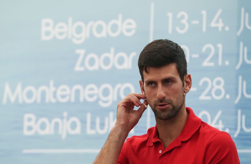 World number one tennis player Novak Djokovic holds a news conference, in Belgrade