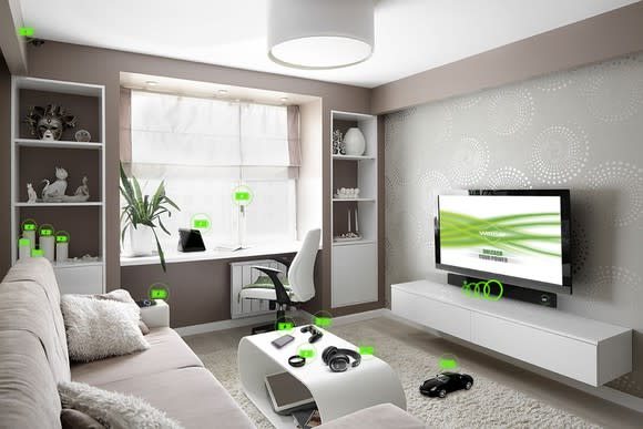 Visualization of WattUp wirelessly charging electronic devices in a living room