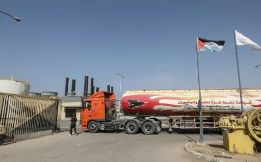 A tanker carrying Qatari-funded fuel arrives at the Gaza Strip's sole power plant on October 24, 2018, after Israel allowed a resumption of deliveries suspended after previous rocket fire