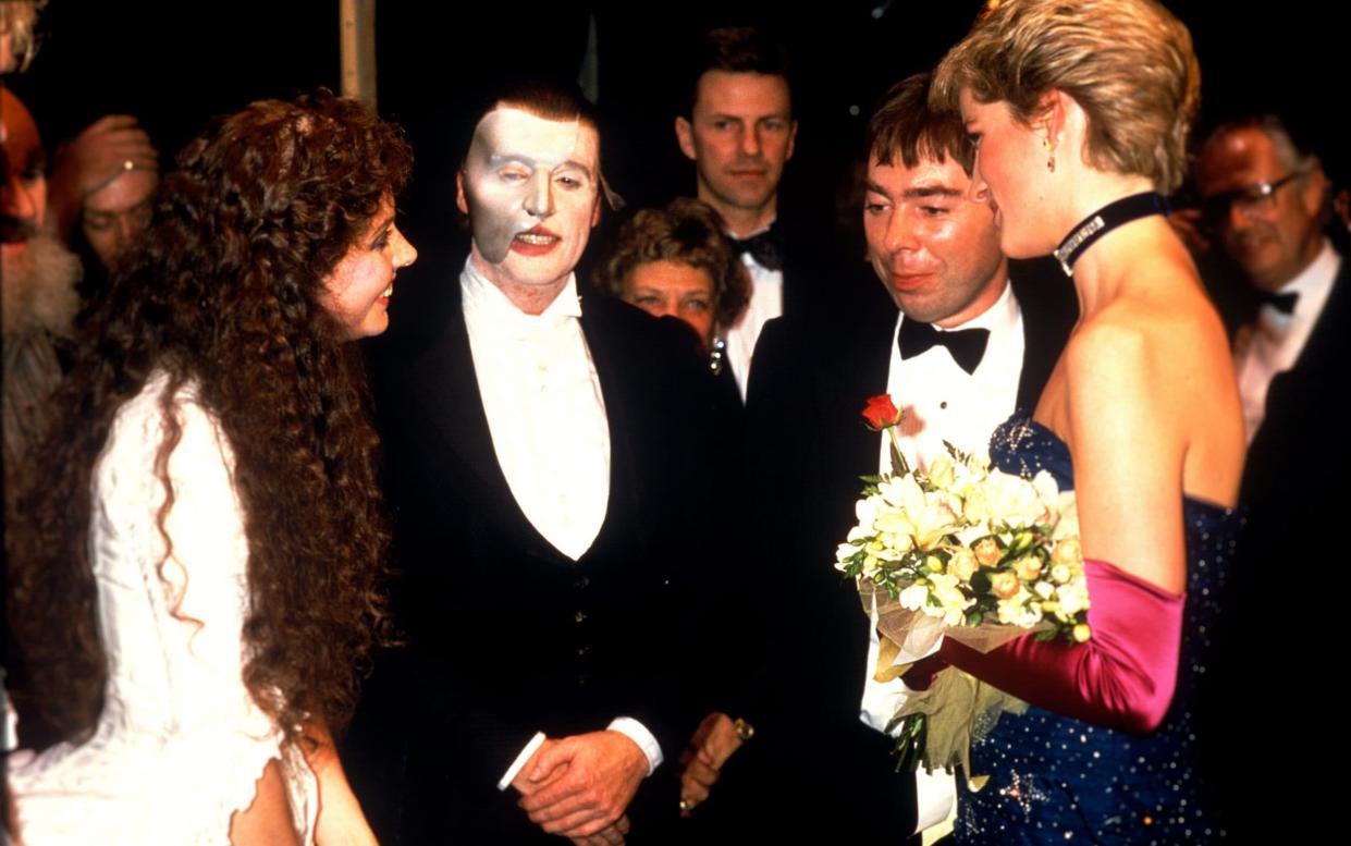 Huge fan: Diana meets Sarah Brightman, Michael Crawford and Andrew Lloyd Webber at the opening night of Phantom in 1986 - Starstock/Photoshot