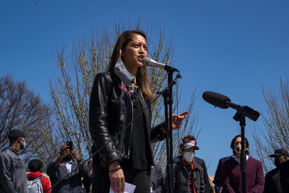 Georgia state Rep. Bee Nguyen speaks to a group of demonstrators gathered in Atlanta to show support for Asian and Pacific Islander communities on March 20, 2021. Demonstrations have taken place across the United States after a series of shootings at three spas, on Tuesday, in the Atlanta area left eight people dead, six of whom were Asian women.