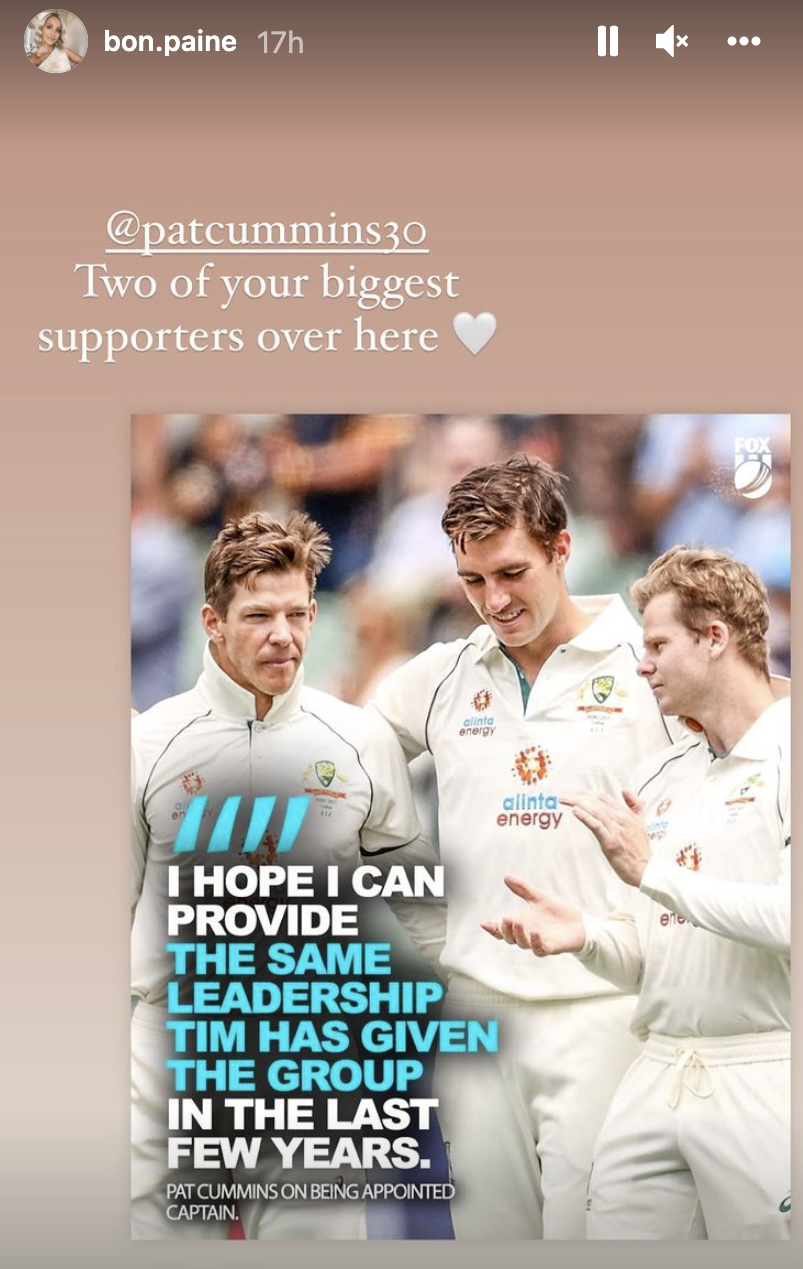 Bonnie Paine's message of support on Instagram for Test captain Pat Cummins.