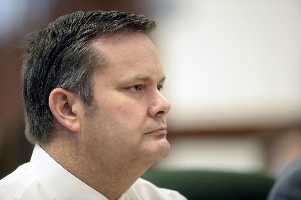 FILE - Chad Daybell sits during a court hearing on Aug. 4, 2020, in St. Anthony, Idaho. An Idaho judge has banned cameras from the courtroom in the high-profile triple murder case against a mom and her new husband, saying he fears the images could prevent a fair trial. Lori Vallow Daybell and her new husband Chad Daybell are accused of conspiring together to kill her two children and his late wife. (John Roark/The Idaho Post-Register via AP, Pool, File)