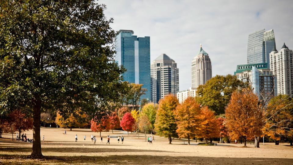 Atlanta skyline from Piedmont park. Anonymous people playing frisbee. Shallow depth of field focusing on tree in the foreground, keeping people anonymous