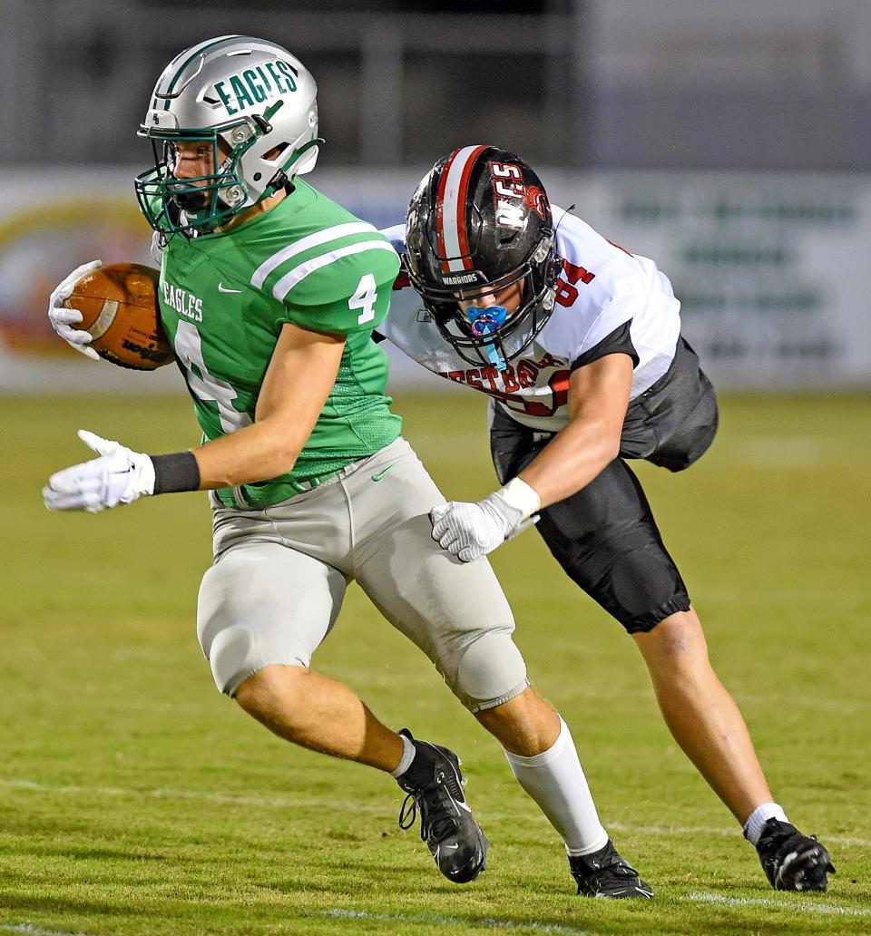 Hokes BluffÕs Anderson Morgan tries to evade the tackle of WestbrookÕs Jaxon Marotz during high school football action in Hokes Bluff, Alabama September 22, 2023. (Dave Hyatt: The Gadsden Times)