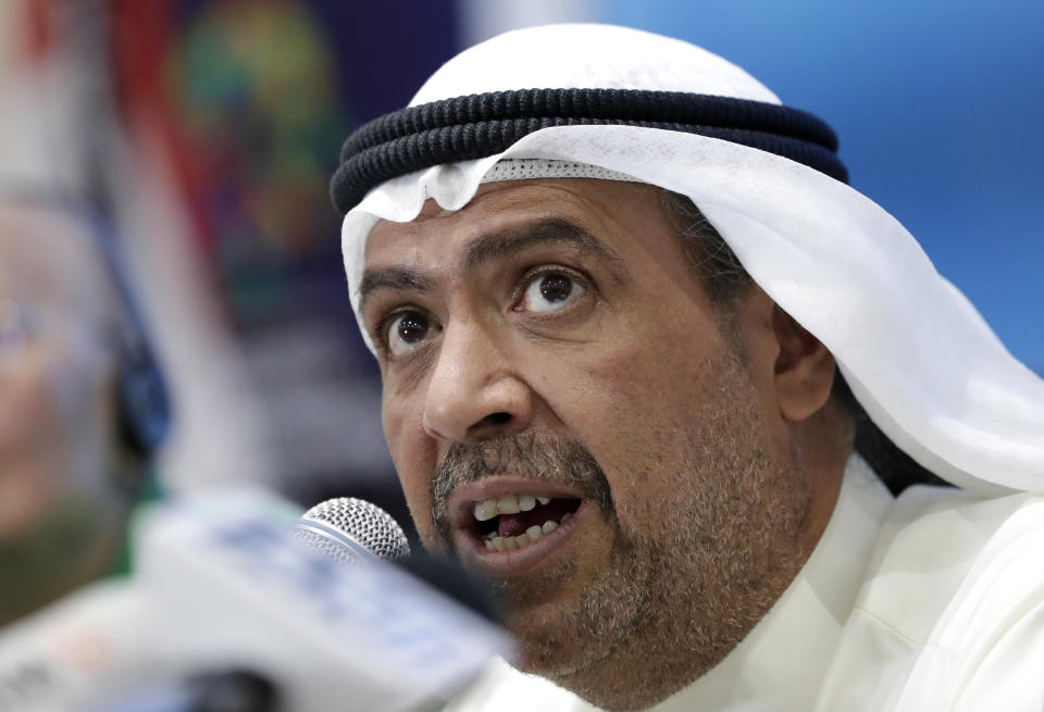 Olympic Council of Asia president Sheikh Ahmad al-Fahad al-Sabah addresses a press conference at the 18th Asian Games in Jakarta, Indonesia, Monday, Aug. 20, 2018. (AP Photo/Lee Jin-man)