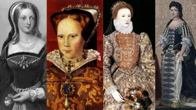 De izq. a der. y con años de reinado: Juana I, 10 al 19 de julio de 1553; María I, 1553-1558; Isabel I, 1558-1603; María II, 1689-1694.