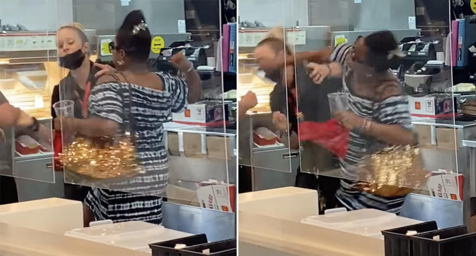 Video stills show a customer punching a worker at McDonald's.