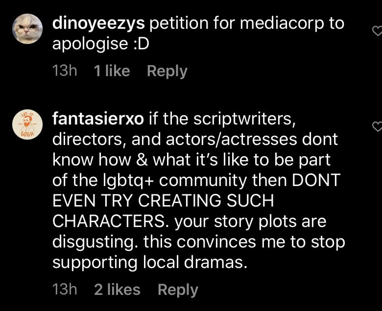 Comments on Mediacorp's Instagram page criticising the broadcaster for scenes perpetuating false negative stereotypes of gay men.