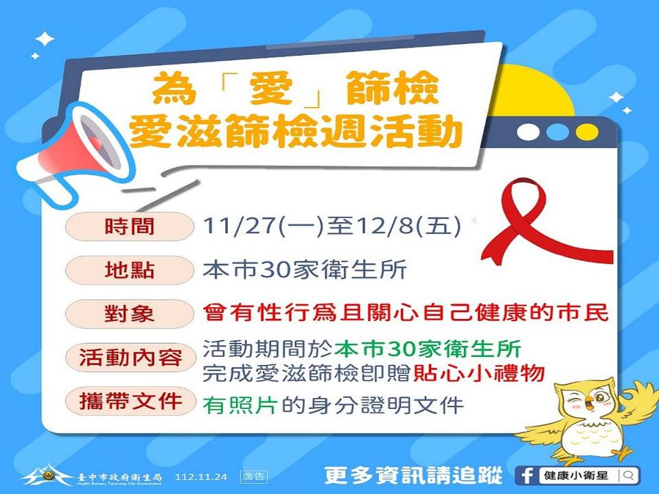 11月27日到12月8日，在台中市30家衛生所完成愛滋篩檢，就贈送精美禮物一份。（圖：衛生局提供）