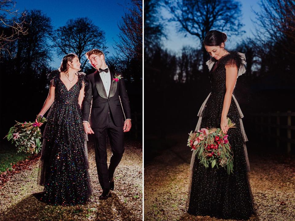 A side-by-side of a bride wearing a sparkly, black wedding dress holding hands with a groom and the same bride standing in profile.
