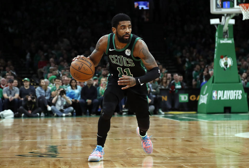 Boston Celtics' Kyrie Irving during the second quarter in Game 1 of a first-round NBA basketball playoff series against the Indiana Pacers, Sunday, April 14, 2019, in Boston. (AP Photo/Winslow Townson)