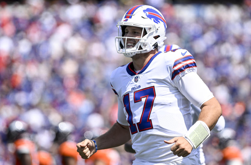 ORCHARD PARK , NY - AUGUST 20: Josh Allen (17) of the Buffalo Bills celebrates his touchdown pass to Gabriel Davis (13) against the Denver Broncos during the first half of an NFL preseason game at Highmark Stadium on Saturday, August 20, 2022. (Photo by AAron Ontiveroz/MediaNews Group/The Denver Post via Getty Images)