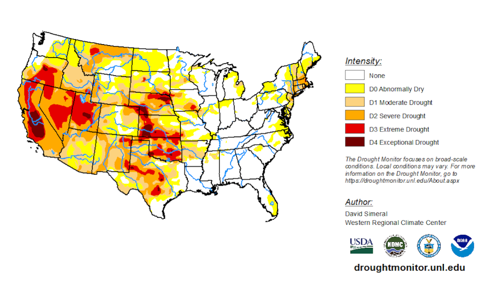 As of Sept. 13, 2022, much of the U.S. West was in drought and projected to remain dry through at least the end of the year. <a href="https://droughtmonitor.unl.edu/" rel="nofollow noopener" target="_blank" data-ylk="slk:U.S. Drought Monitor;elm:context_link;itc:0;sec:content-canvas" class="link ">U.S. Drought Monitor</a>