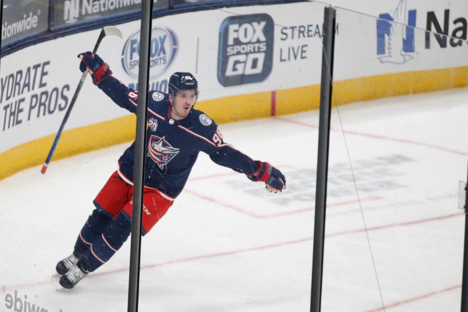 Blue Jackets' Jack Roslovic celebrates his goal against the Hurricanes during the third period Feb. 8, 2021.