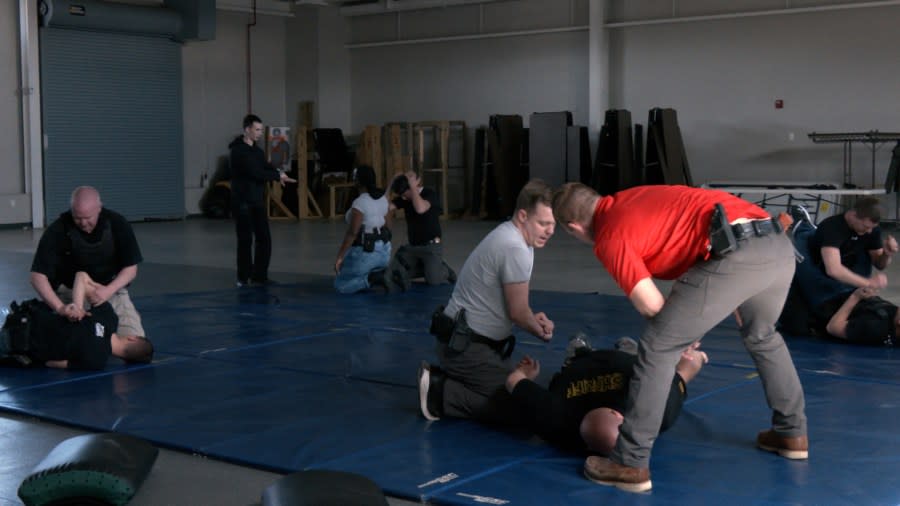 Genesee County Sheriff’s Department officials train on techniques to retain their weapons during struggles with suspects. (WLNS)