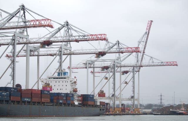 A container is loaded on to the container ship Nordautumn whilst at berth at DP World container terminal at the Port of Southampton