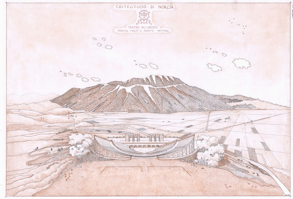 The drawing of the open-air theater in Castelluccio di Norcia.