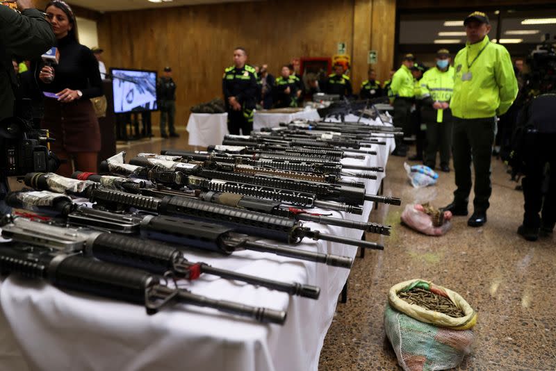 Seizure of weapons, explosives and ammunition that authorities say belonged to dissidents of the Revolutionary Armed Forces of Colombia (FARC), in Bogota