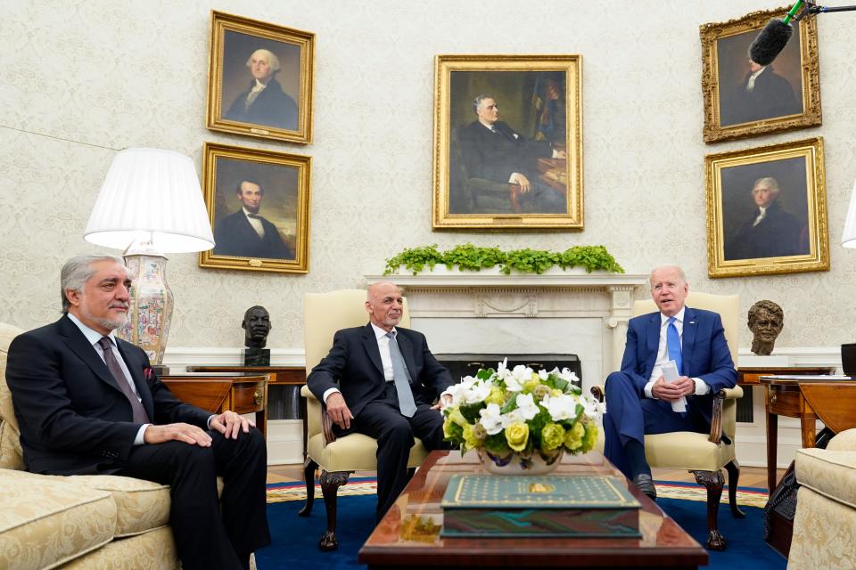 From right, President Joe Biden, Afghan President Ashraf Ghani and Chairman of the High Council for National Reconciliation Abdullah Abdullah meet at the White House on June 25, 2021.