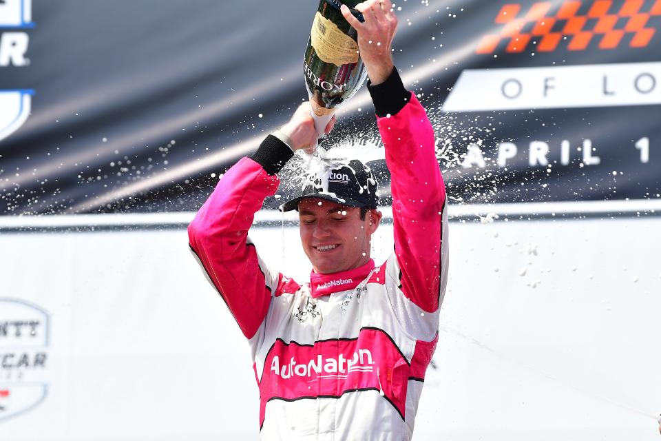 Jupiter's Kyle Kirkwood celebrates his victory in Sunday's Grand Prix of Long Beach IndyCar race.