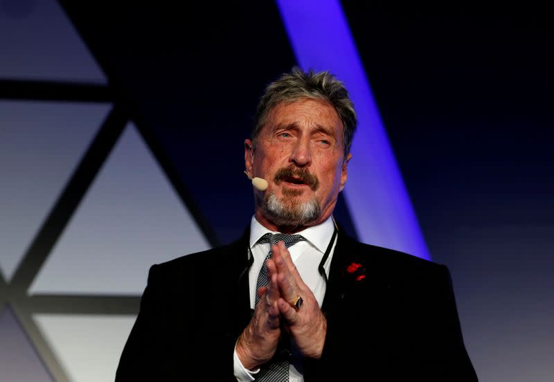 FILE PHOTO: John McAfee, co-founder of McAfee Crypto Team and CEO of Luxcore and founder of McAfee Antivirus, speaks at the Malta Blockchain Summit in St Julian's