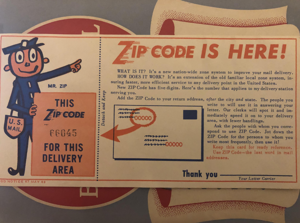 A USPS poster from May 1963 featuring a cartoon character, Mr. Zip, announcing the introduction of the ZIP Code system aimed at improving mail delivery efficiency