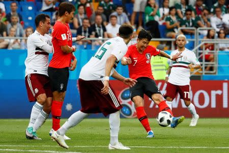 Soccer Football - World Cup - Group F - South Korea vs Mexico - Rostov Arena, Rostov-on-Don, Russia - June 23, 2018 South Korea's Son Heung-min scores their first goal REUTERS/Jason Cairnduff