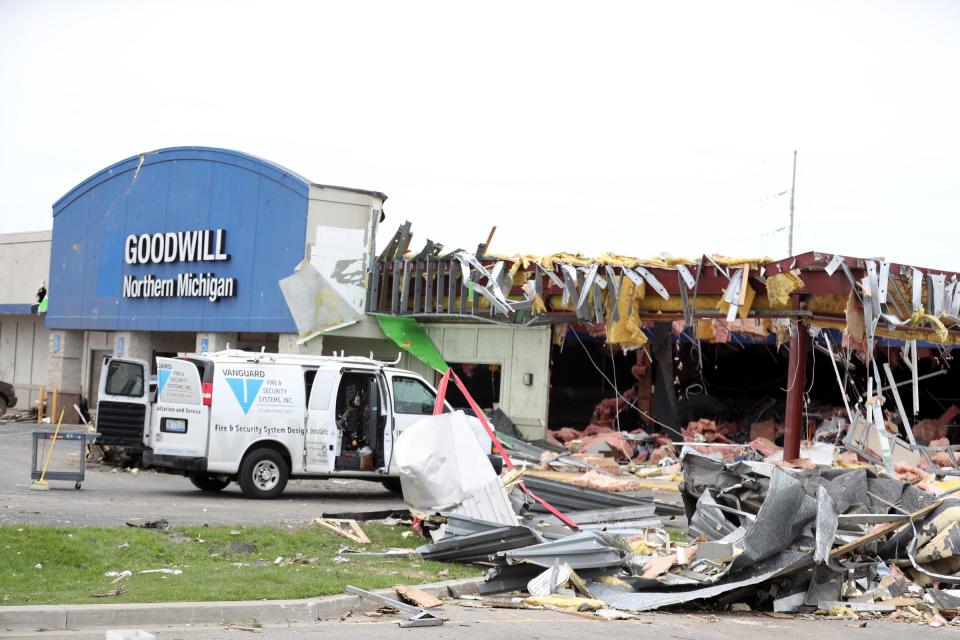 The Goodwill store along West Main Street in Gaylord Saturday, May 21, 2022. A tornado severely damaged the store taking out widows and the roof.