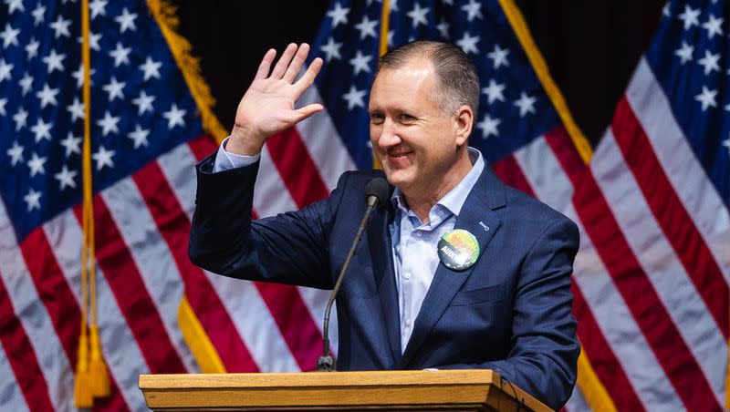 Utah State Auditor John Dougall speaks during the Utah Republican Party convention at Utah Valley University in Orem on April 22, 2023.