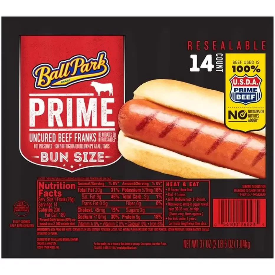 Ball Park Prime uncured beef franks package, showing a hot dog with nutritional facts and USDA Prime Beef certified label