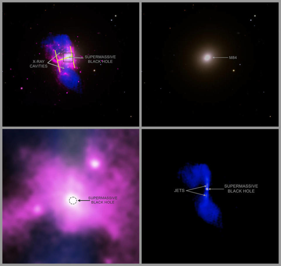 four different images of pink and purple gas in space