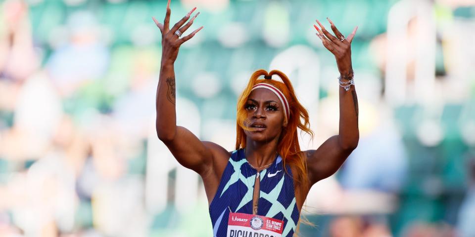 Sha'Carri Richardson reacts after competing in the Women's 100 Meter Semi-finals on day 2 of the 2020 U.S. Olympic Track & Field Team Trials at Hayward Field on June 19, 2021 in Eugene, Oregon.