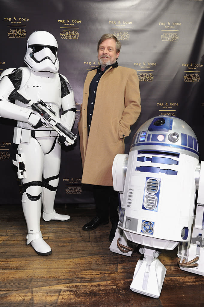 <p>The original Luke Skywalker posed with some of his pals as Disney celebrated the launch of the rag & bone X Star Wars Collection on Wednesday in New York City. (Photo: Craig Barritt/Getty Images for Disney) </p>
