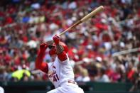 May 20, 2018; St. Louis, MO, USA; St. Louis Cardinals left fielder Tyler O'Neill (41) hits a solo home run off of Philadelphia Phillies starting pitcher Aaron Nola (not pictured) during the sixth inning at Busch Stadium. Mandatory Credit: Jeff Curry-USA TODAY Sports