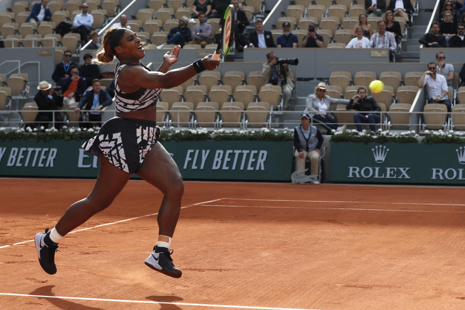 Serena Williams of the U.S. plays a shot against Vitalia Diatchenko of Russia during their first round match of the French Open tennis tournament at the Roland Garros stadium in Paris, Monday, May 27, 2019. (AP Photo/Pavel Golovkin)