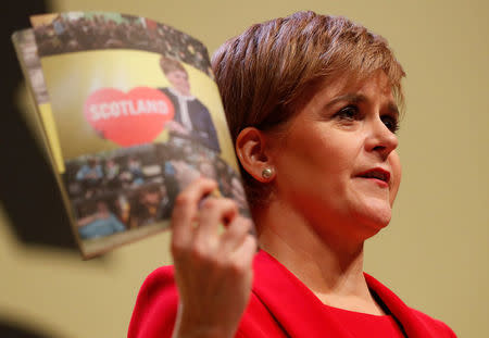 Nicola Sturgeon, Scotland's first Minister and leader of the Scottish National Party, delivers her party's election manifesto in Perth, Scotland, Britain May 30, 2017. REUTERS/Russell Cheyne