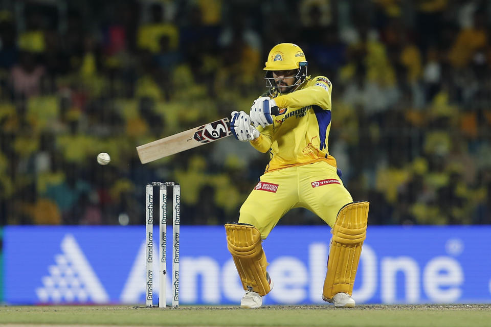 Chennai Super Kings' Sameer Rizvi plays a shot during the Indian Premier League cricket match between Chennai Super Kings and Rajasthan Royals in Chennai, India, Sunday, May 12, 2024. (AP Photo/R. Parthibhan)