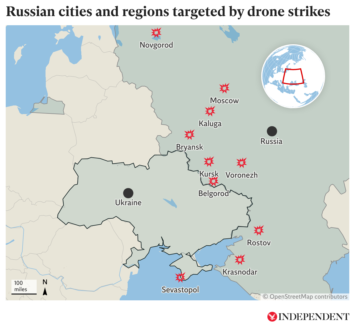 File photo: Russian cities and regions targeted by retaliatory drone strikes in 2023 (The Independent/Datawrapper)