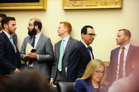 Treasury Secretary Steven Mnuchin arrives to testify before the House Financial Services Committee hearing on "The Annual Testimony of the Secretary of the Treasury on the State of the International Financial System" in Washington, U.S., May 22, 2019. REUTERS/Mary F. Calvert