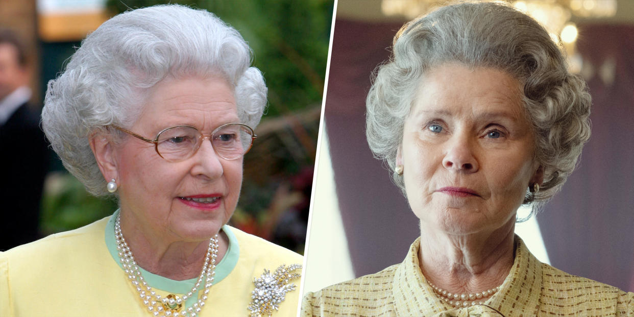 (L) Queen Elizabeth ll visits the Chelsea Flower Show on May 20, 2002 in London, England.  (R) Imelda Staunton as Queen Elizabeth ll on The Crown. (Getty Images, Netflix)