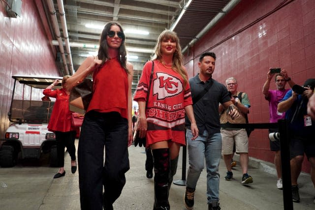 Taylor Swift arrives before the start of an NFL football game between the Kansas City Chiefs and the Cincinnati Bengals Sunday, Sept. 15, 2024, in Kansas City, Mo.