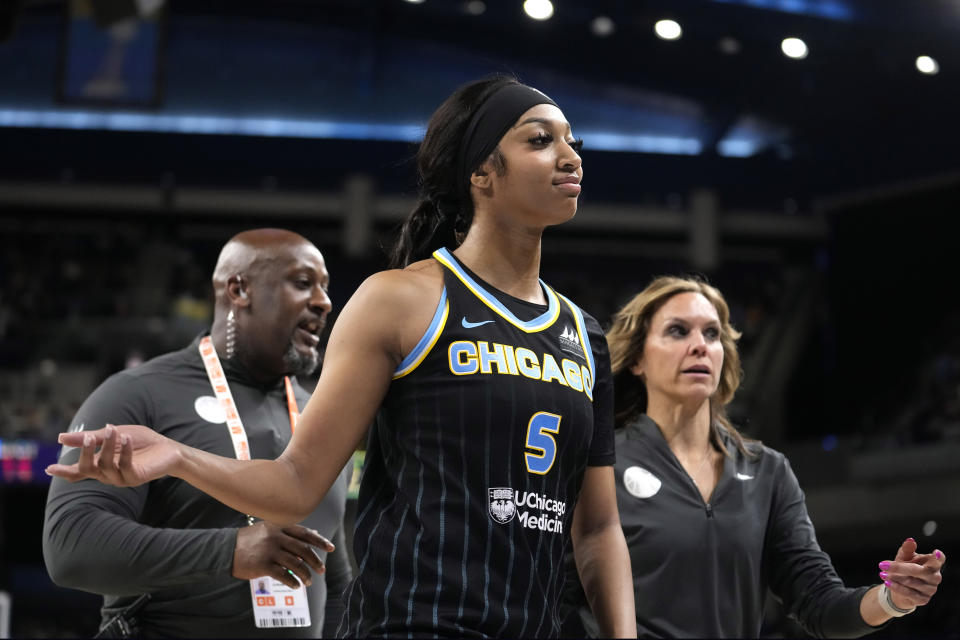 Chicago Sky's Angel Reese heads to the locker room after being ejected from a WNBA basketball game against the New York Liberty during the second half Tuesday, June 4, 2024, in Chicago. (AP Photo/Charles Rex Arbogast)