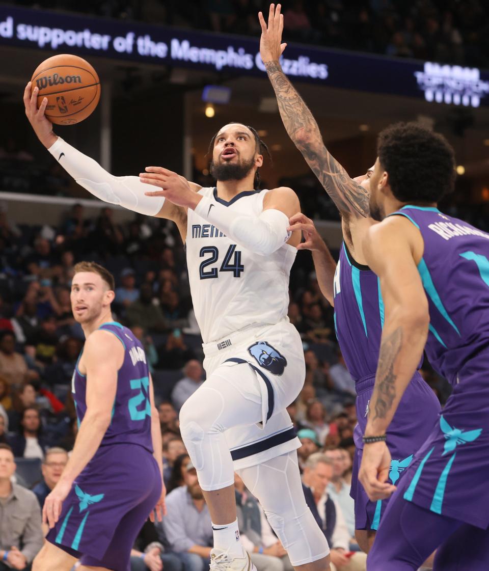 Memphis Grizzlies guard Dillon Brooks lays the ball up against Charlotte Hornets during their game at FedExForum on Wednesday, Nov. 10, 2021.