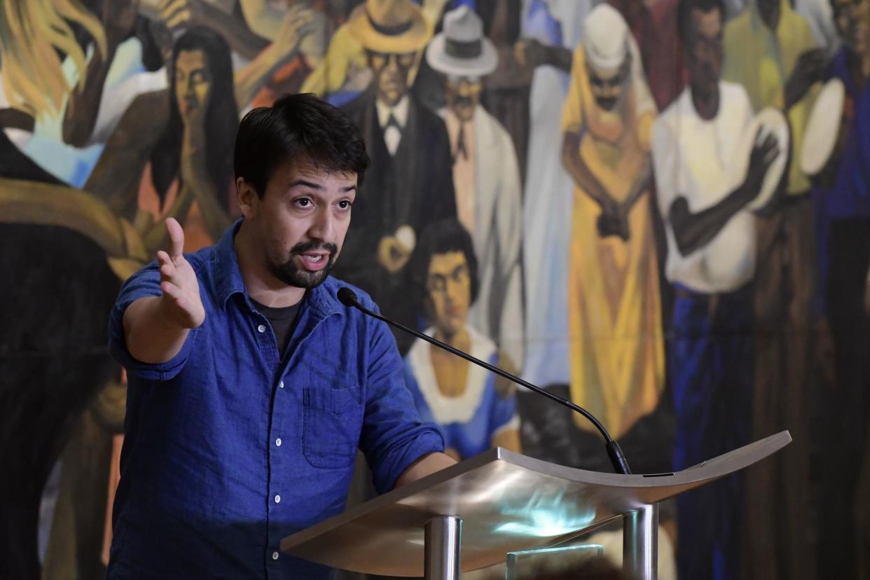 "Hamilton" playwright Lin-Manuel Miranda gives a press conference at the Art Museum of Puerto Rico in San Juan, Puerto Rico: AP Photo/Carlos Giusti