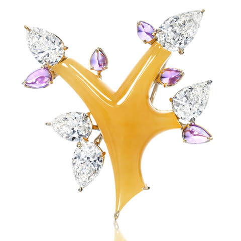 Sotheby's Diamonds Spring Tree brooch in 18ct yellow gold and 18ct white gold with yellow jadeite, diamonds and purple sapphires