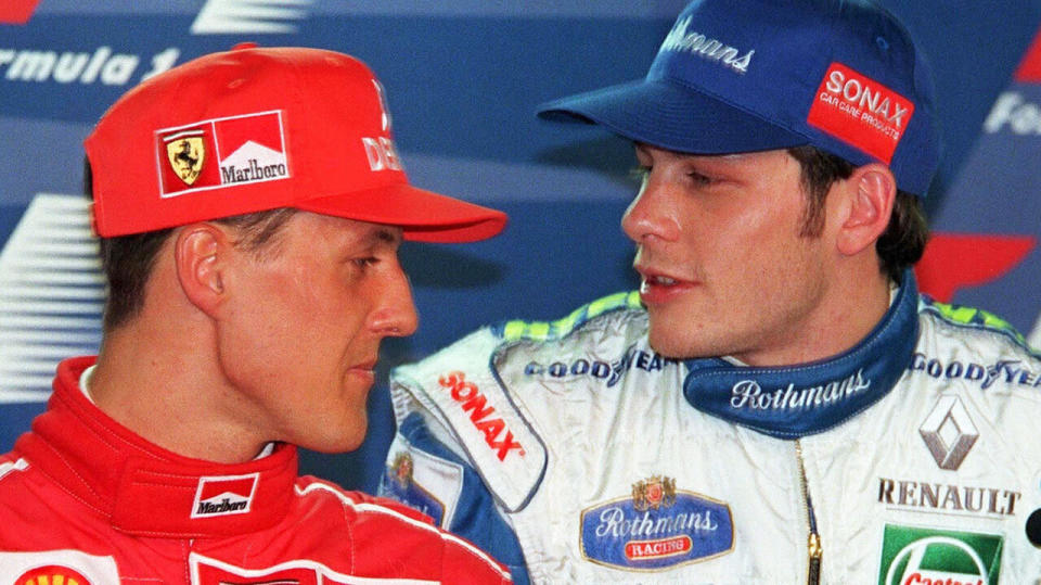 Michael Schumacher and Jacques Villeneuve had a long and sometimes heated F1 rivalry. (Photo by Marcus Brandt/Bongarts/Getty Images)