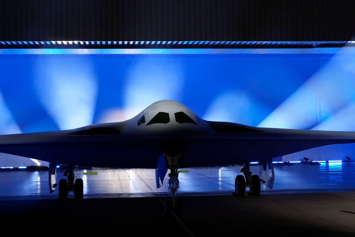 The B-21 Raider stealth bomber is unveiled at Northrop Grumman – one of the world’s largest weapons manufacturers – in December 2022 (Copyright 2022 The Associated Press. All rights reserved)