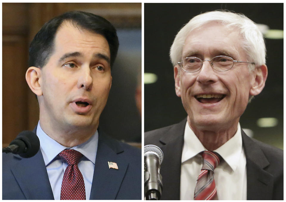 FILE - This combination of file photos shows Wisconsin Republican Gov. Scott Walker, left, and his Democratic challenger Tony Evers in the 2018 November general election. (Wisconsin State Journal via AP, File)